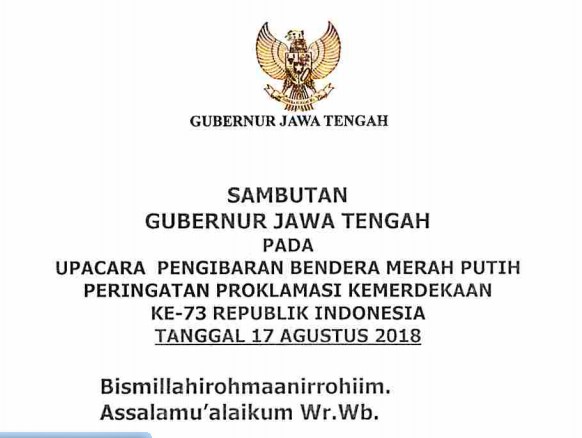 Sambutan Gubernur Jawa Tengah pada Upacara Bendera HUT ke 73 RI Tahun 2018