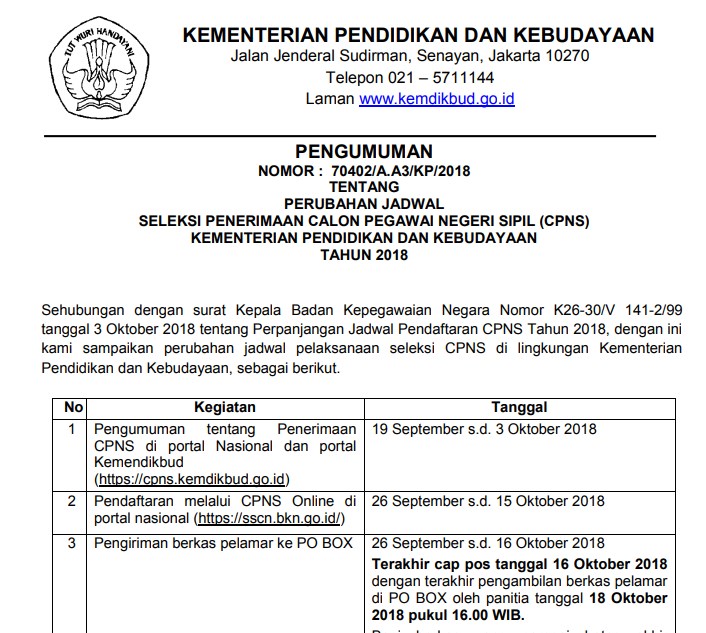 Pengumuman Perubahan Jadwal Pelaksanaan Seleksi CPNS Kemendikbud 2018