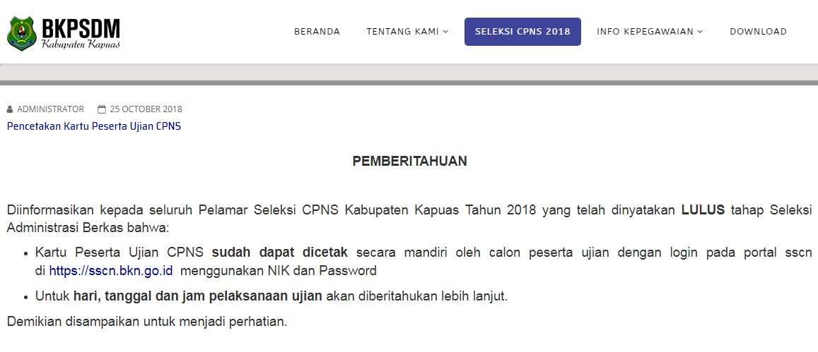 Jadwal dan Lokasi Tes Kompetensi Dasar CPNS Kabupaten Kapuas Tahun 2018