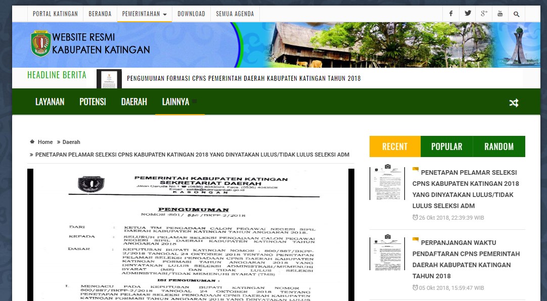 Jadwal dan Lokasi Tes Kompetensi Dasar CPNS Kabupaten Katingan Tahun 2018