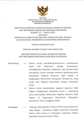 Rincian Formasi Kebutuhan ASN PPPK Kabupaten Bondowoso Tahun 2022