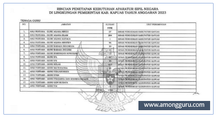 Rincian Formasi Kebutuhan CASN PPPK Kabupaten Kapuas Tahun 2023